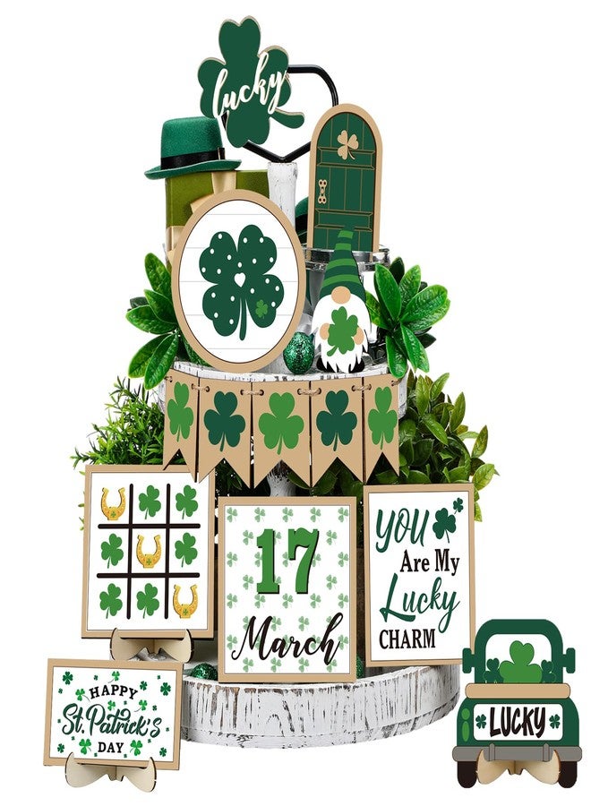 Anglechic 14 Pcs St. Patrick's Day Tiered Tray Decor Set Luck Shamrock Wooden Signs Irish Decor Saint Patty's Day Table Decoration for Home Tabletop Shelf Party - Image 1